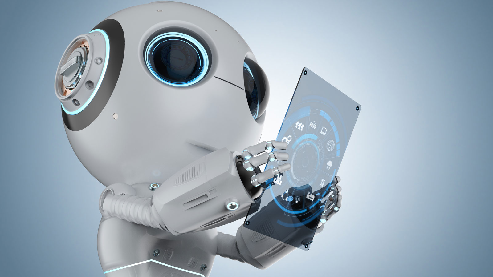 Roboterarm hält digitales Tablet mit Icons