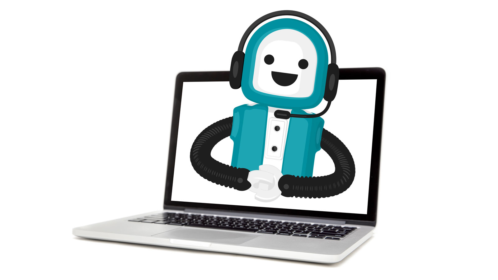 Laptop mit blauem Chatbot auf dem Bildschirm