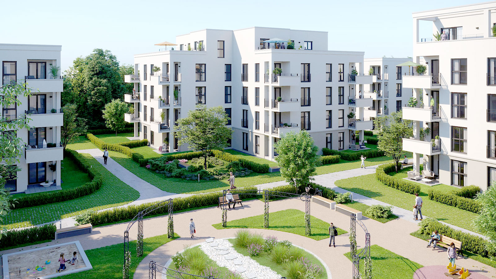 Wohnquartier mit modernen Gebäuden und Grünflächen, Menschen auf Wegen und in Gärten.
