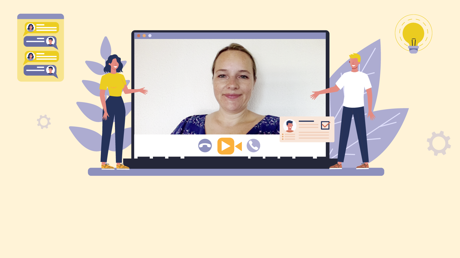 Drei Personen vor Laptop mit Videokonferenz-Symbolen