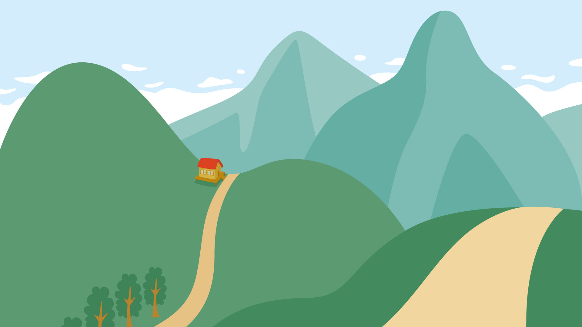 Hügelige Landschaft mit Weg und Haus