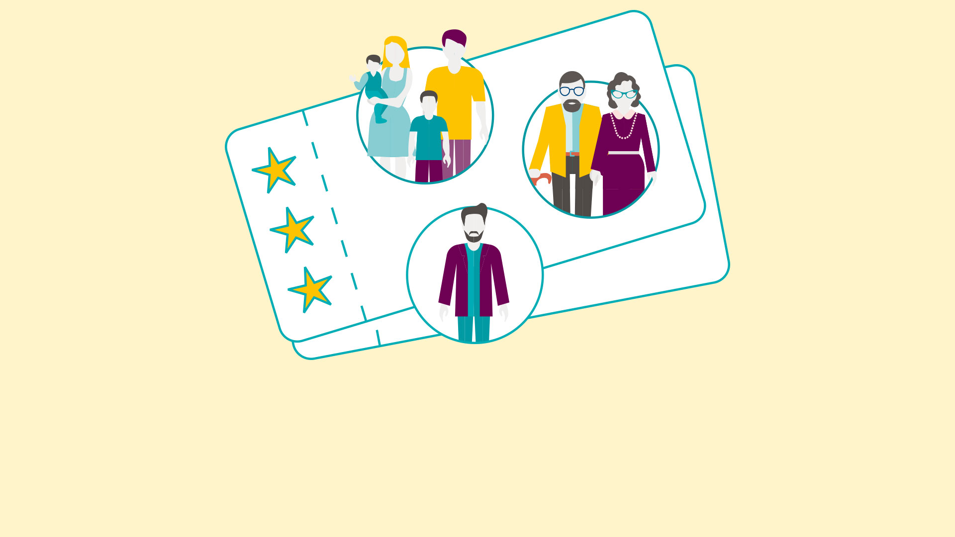 Drei Porträts von Personen in runden Rahmen.