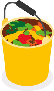 Gelber Komposteimer gefüllt mit organischen Abfällen