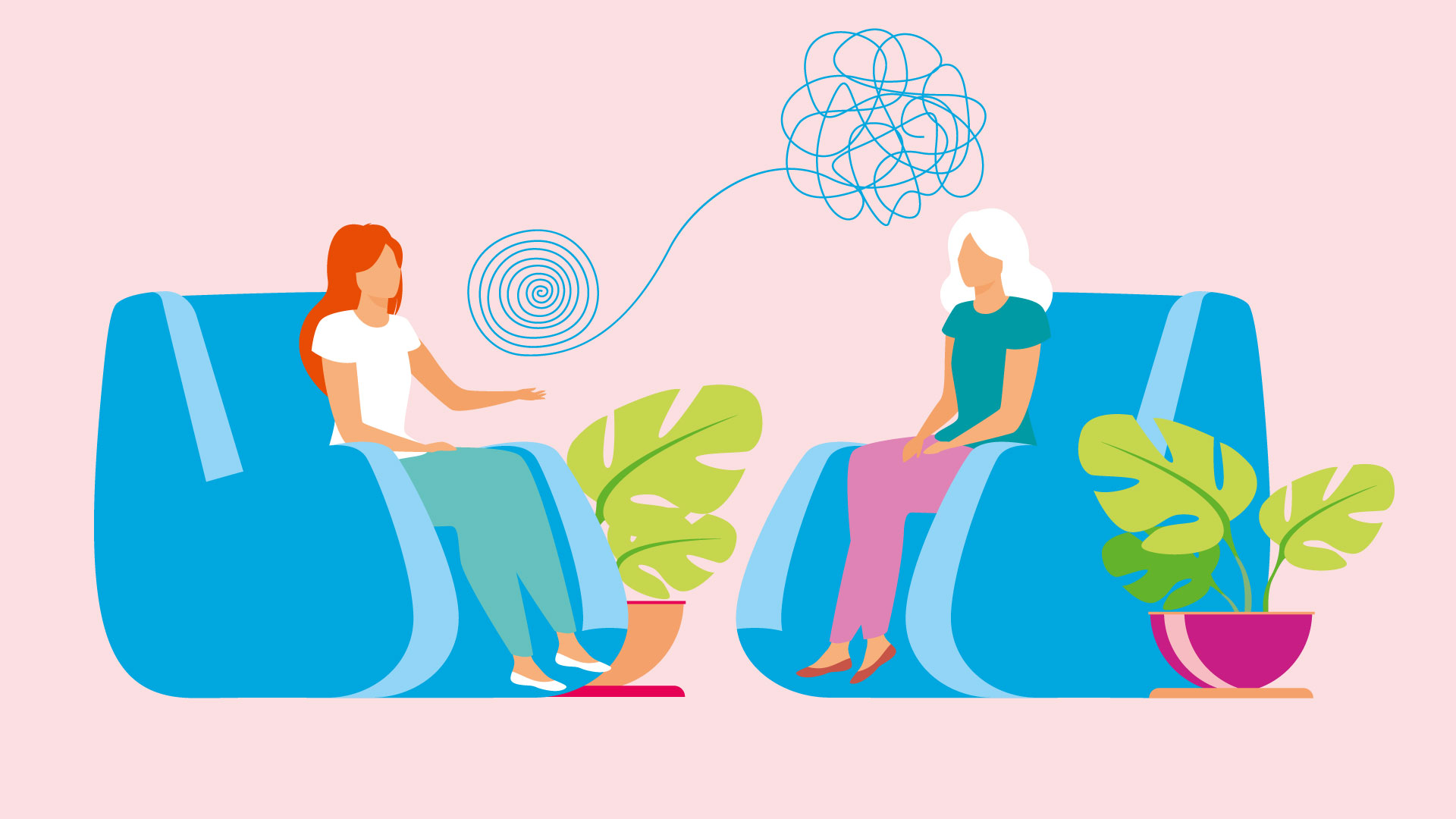 Zwei Frauen sitzen sich gegenüber auf blauen Sofas, zwischen ihnen eine stilisierte Spirale.