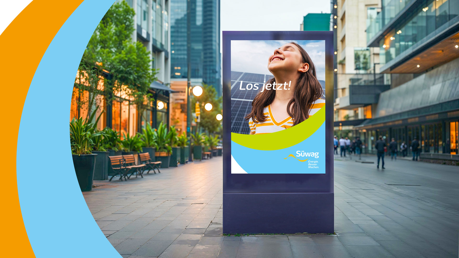 Werbeplakat mit Frau, die in den Himmel blickt. Text: "Los jetzt!"