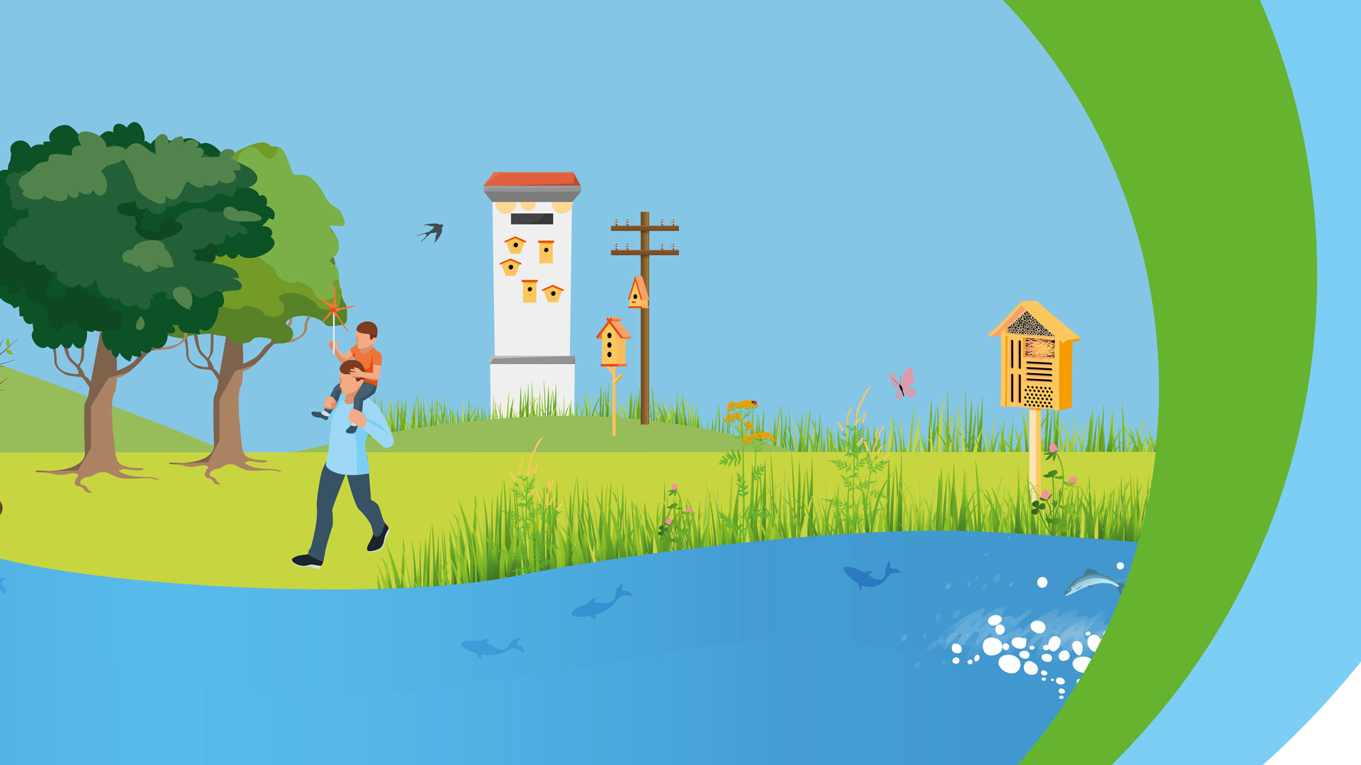 Wiese mit Fluss, Bäumen und Vogelhäusern. Ein Mann trägt ein Kind auf den Schultern.