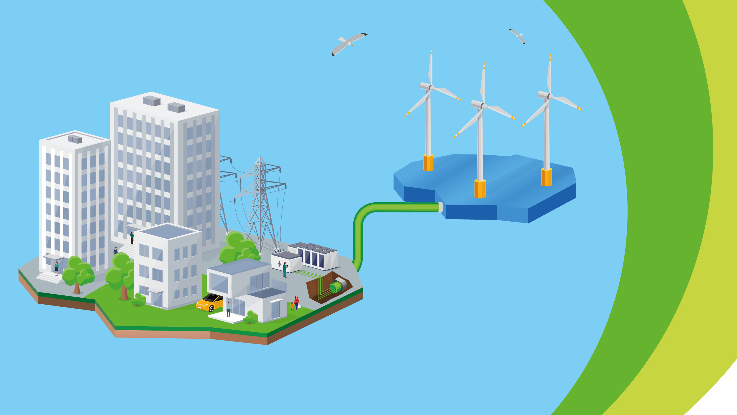 Windkraftanlage und Gebäude mit Stromverbindung